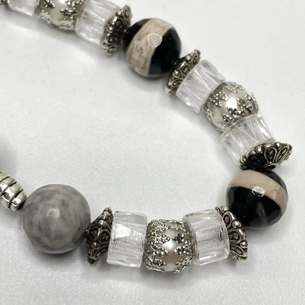Stunning Agate Picasso Jasper Freshwater Pearl Beaded Necklace Silver Plated